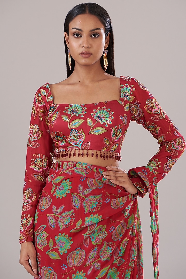 Crimson Red Modal & Georgette Digital Printed Skirt Wedding Saree Set by DiyaRajvvir at Pernia's Pop Up Shop