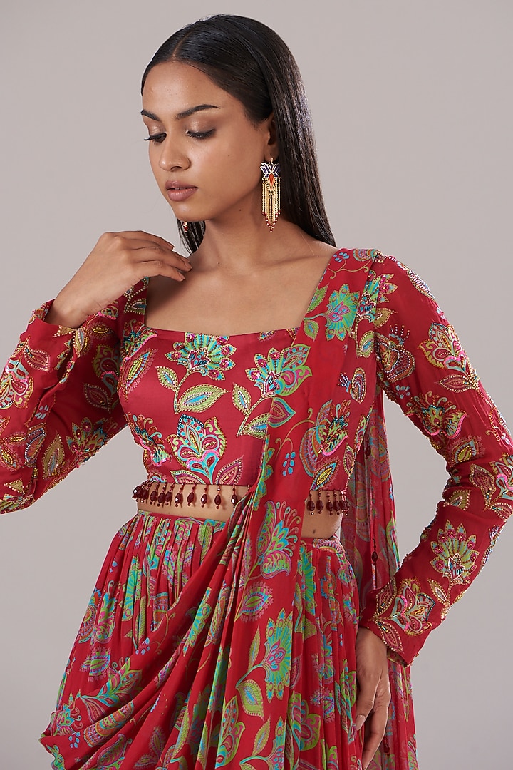 Crimson Red Modal & Georgette Digital Printed Skirt Wedding Saree Set by DiyaRajvvir at Pernia's Pop Up Shop
