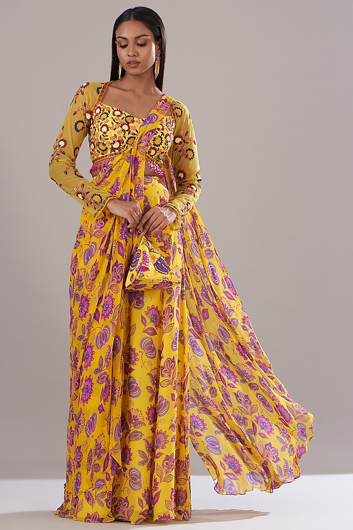 Yellow Tulle & Georgette Chintz Digital Printed Sharara Saree Set by DiyaRajvvir