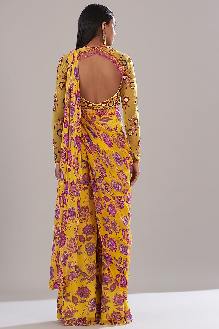 Yellow Tulle & Georgette Chintz Digital Printed Sharara Wedding Saree Set by DiyaRajvvir at Pernia's Pop Up Shop