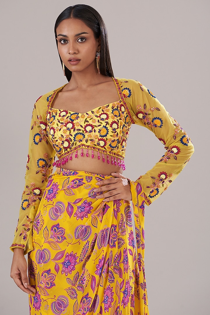Yellow Tulle & Georgette Chintz Digital Printed Sharara Wedding Saree Set by DiyaRajvvir at Pernia's Pop Up Shop