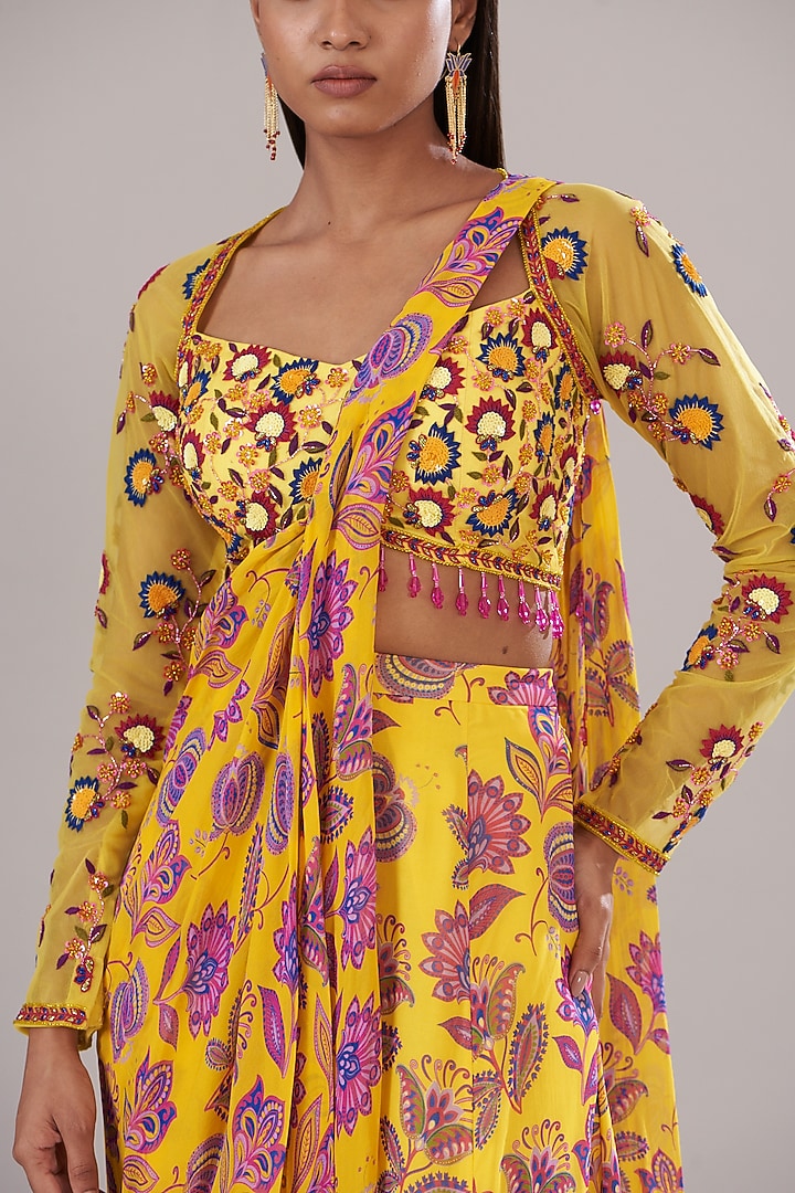 Yellow Tulle & Georgette Chintz Digital Printed Sharara Wedding Saree Set by DiyaRajvvir at Pernia's Pop Up Shop