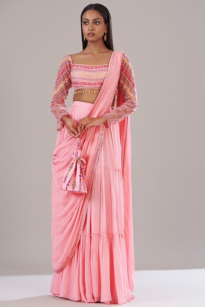 Blush Pink Tulle & Georgette Skirt Saree Set by DiyaRajvvir