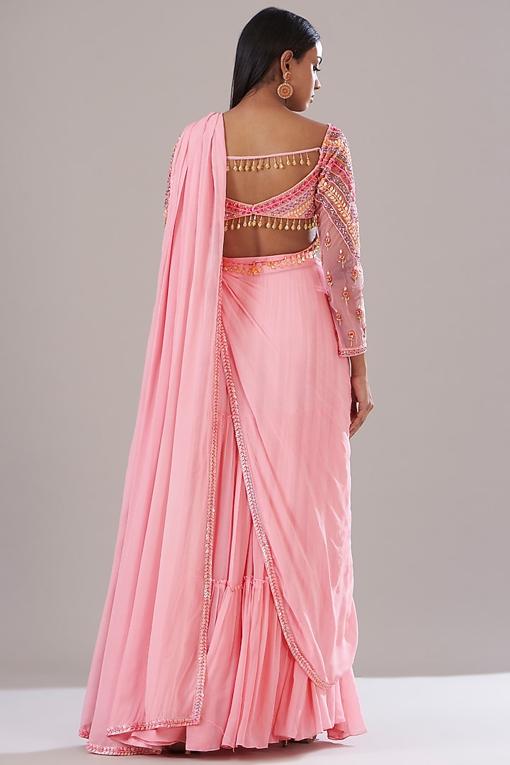 Blush Pink Tulle & Georgette Skirt Wedding Saree Set by DiyaRajvvir at Pernia's Pop Up Shop
