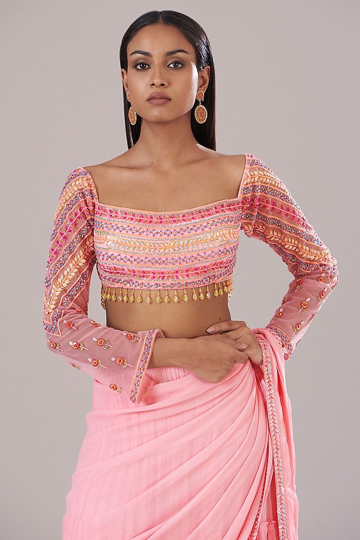 Blush Pink Tulle & Georgette Skirt Wedding Saree Set by DiyaRajvvir at Pernia's Pop Up Shop