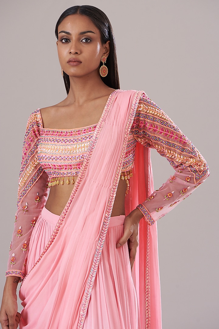 Blush Pink Tulle & Georgette Skirt Wedding Saree Set by DiyaRajvvir at Pernia's Pop Up Shop