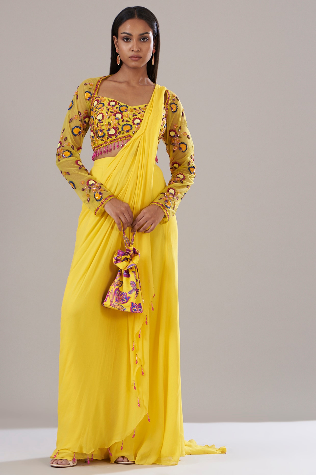 Mustard Yellow Printed Tiered Sharara Pant Saree Set - Seasons India