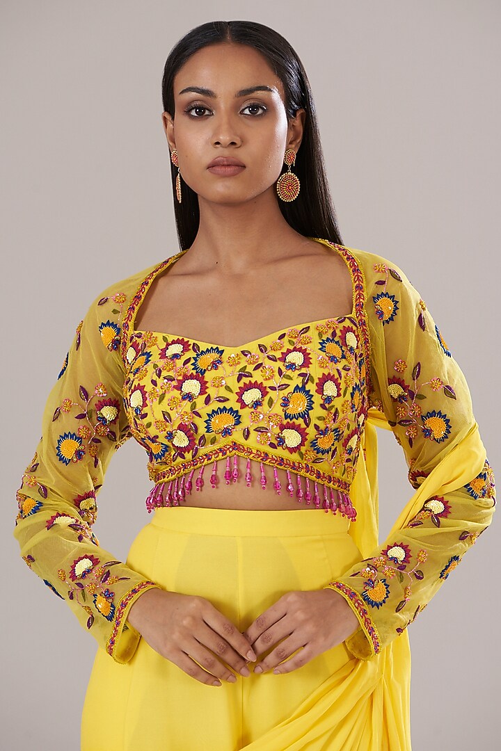 Yellow Tulle & Georgette Sharara Wedding Saree Set by DiyaRajvvir at Pernia's Pop Up Shop