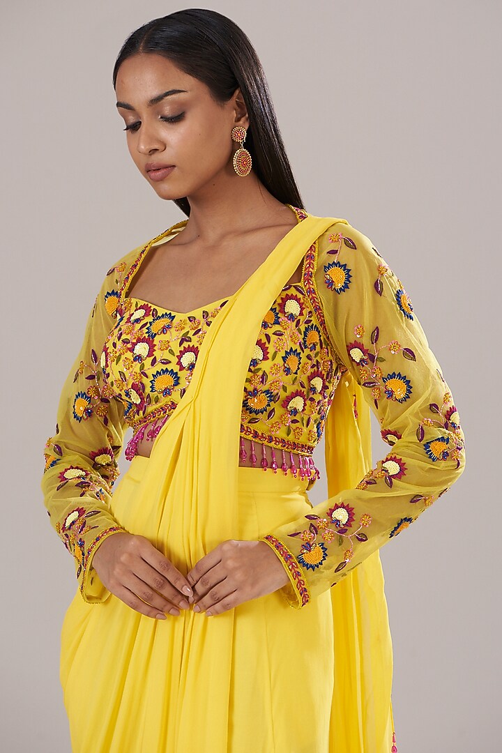 Yellow Tulle & Georgette Sharara Wedding Saree Set by DiyaRajvvir at Pernia's Pop Up Shop