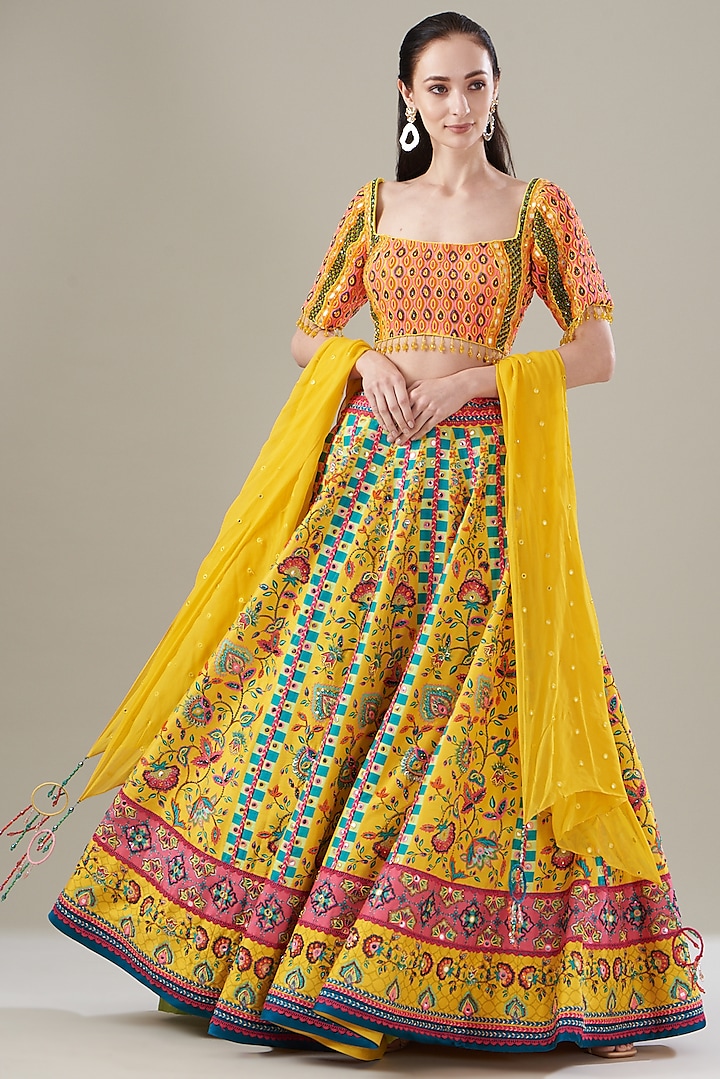 Yellow Tulle & Georgette Printed Wedding Lehenga Set by DiyaRajvvir at Pernia's Pop Up Shop