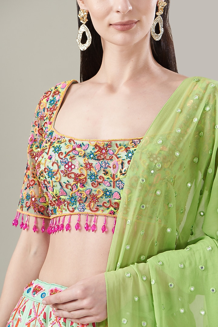 Mint Green Tulle & Georgette Printed Wedding Lehenga Set by DiyaRajvvir at Pernia's Pop Up Shop