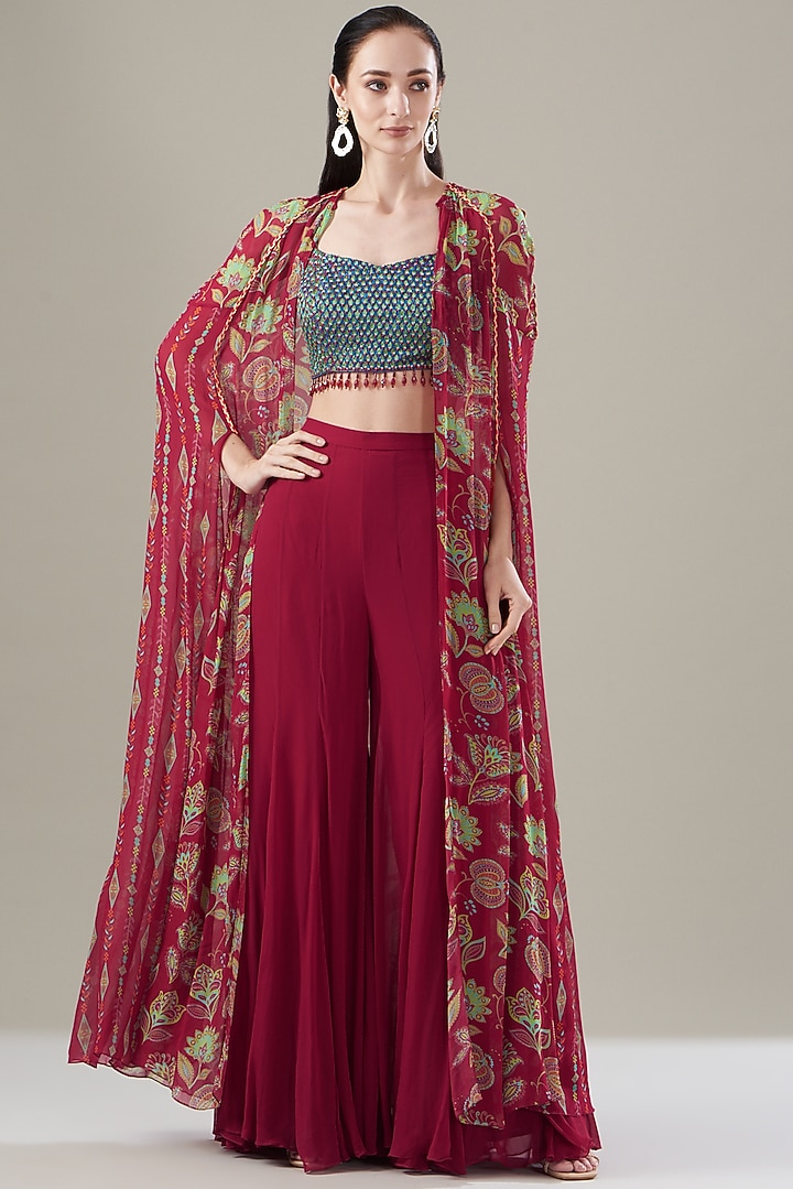 Crimson Red Cotton Silk Printed Cape Set by DiyaRajvvir at Pernia's Pop Up Shop