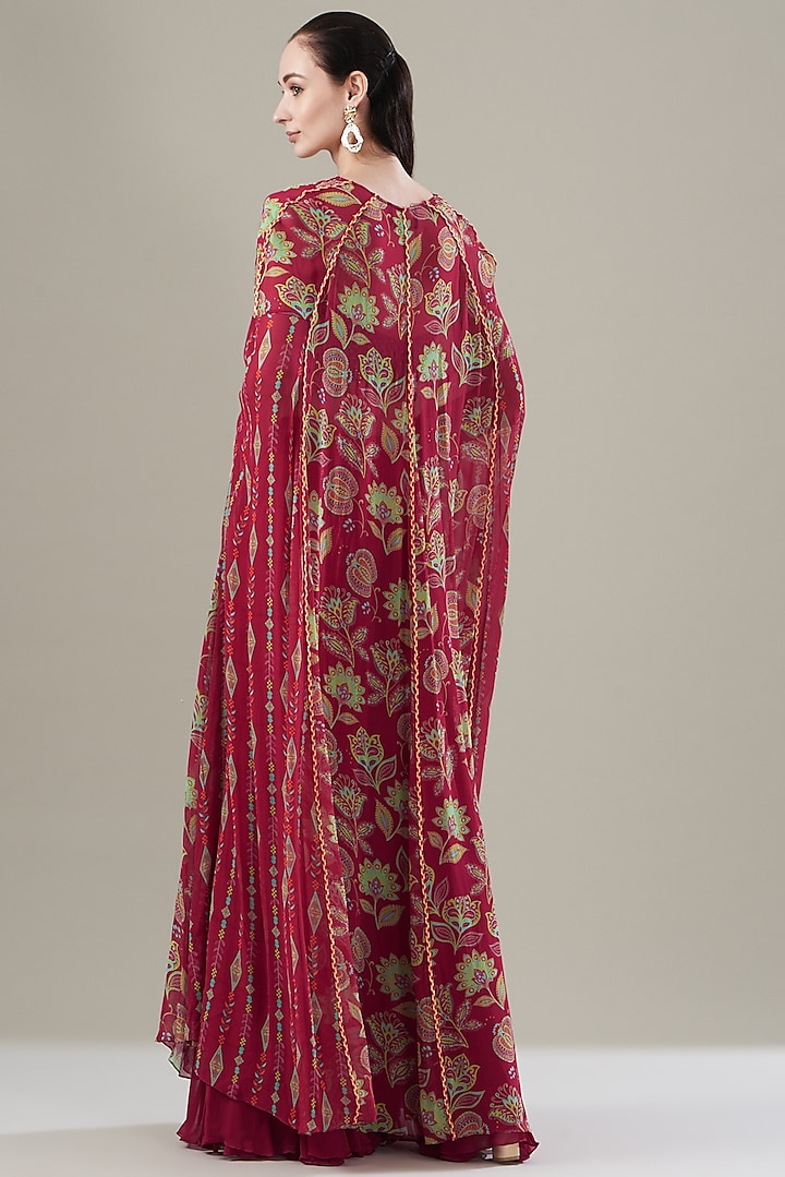 Crimson Red Cotton Silk Printed Cape Set by DiyaRajvvir at Pernia's Pop Up Shop