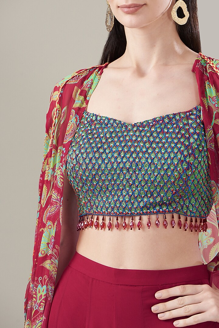Crimson Red Cotton Silk Printed Cape Set by DiyaRajvvir at Pernia's Pop Up Shop