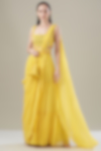 Yellow Cotton Silk Tiered Skirt Wedding Saree Set by DiyaRajvvir at Pernia's Pop Up Shop