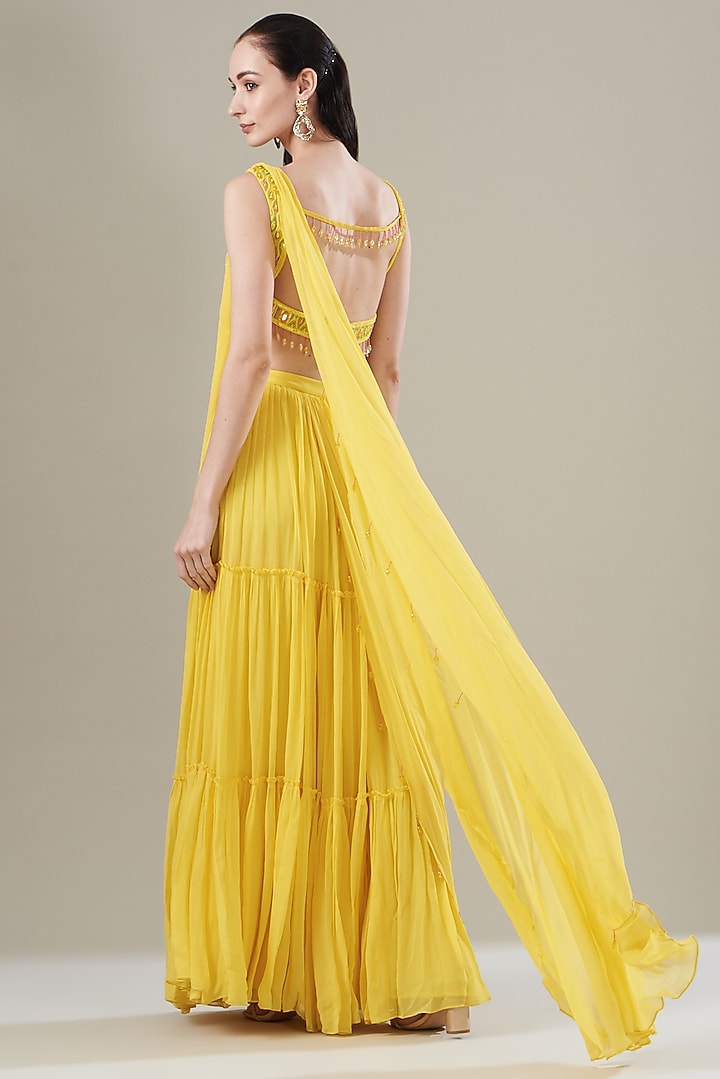Yellow Cotton Silk Tiered Skirt Wedding Saree Set by DiyaRajvvir at Pernia's Pop Up Shop