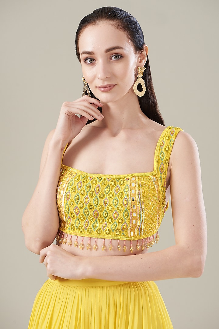 Yellow Cotton Silk Tiered Skirt Wedding Saree Set by DiyaRajvvir at Pernia's Pop Up Shop