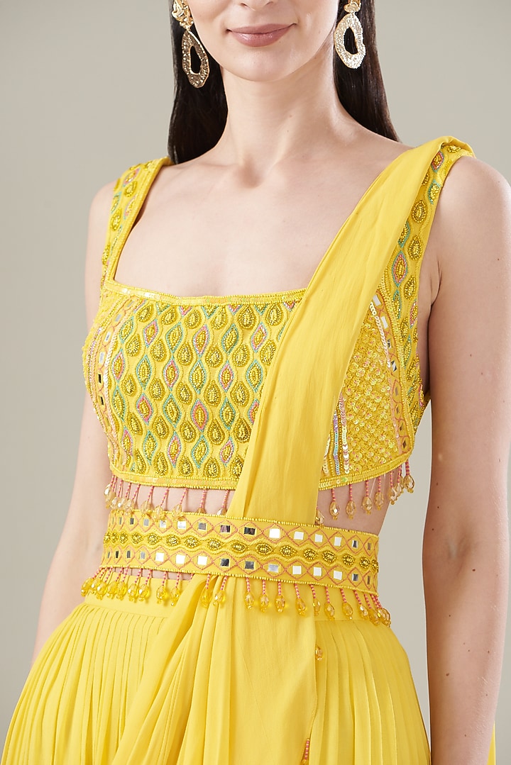 Yellow Cotton Silk Tiered Skirt Wedding Saree Set by DiyaRajvvir at Pernia's Pop Up Shop