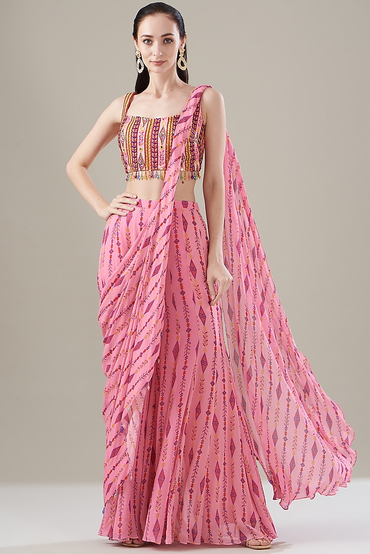 Blush Pink Modal & Tulle Printed Pant Saree Set by DiyaRajvvir
