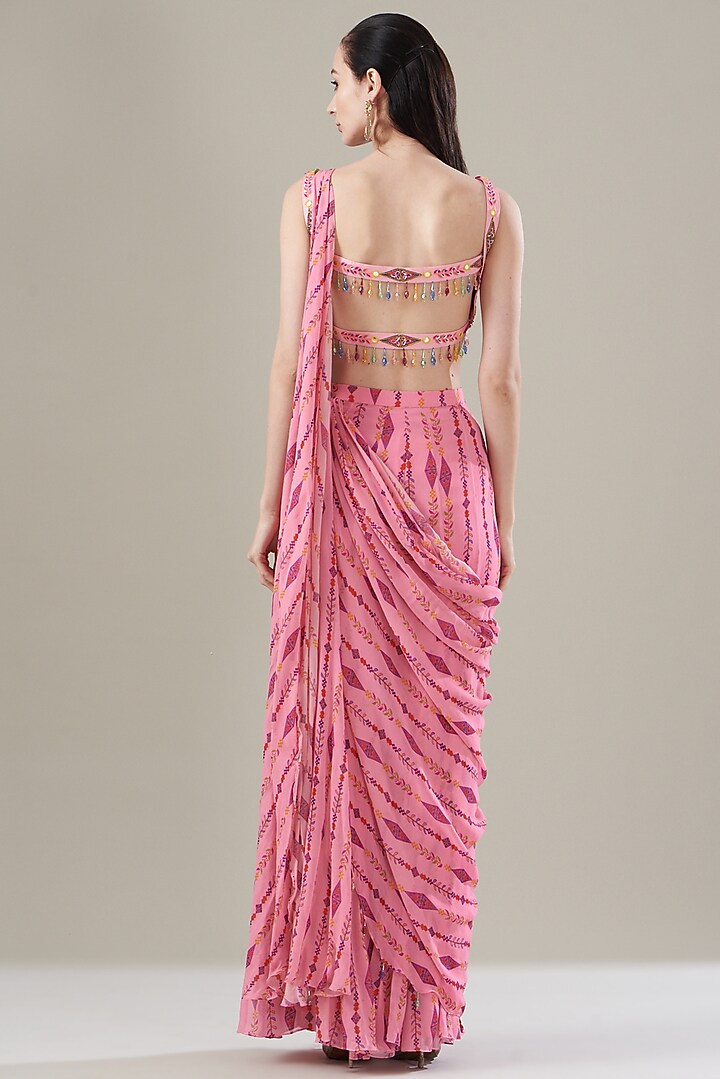 Blush Pink Modal & Tulle Printed Pant Wedding Saree Set by DiyaRajvvir at Pernia's Pop Up Shop