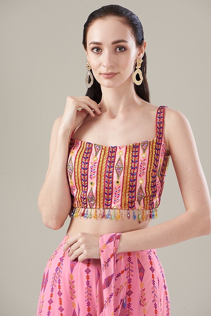 Blush Pink Modal & Tulle Printed Pant Wedding Saree Set by DiyaRajvvir at Pernia's Pop Up Shop