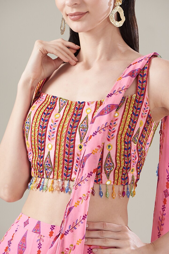 Blush Pink Modal & Tulle Printed Pant Wedding Saree Set by DiyaRajvvir at Pernia's Pop Up Shop