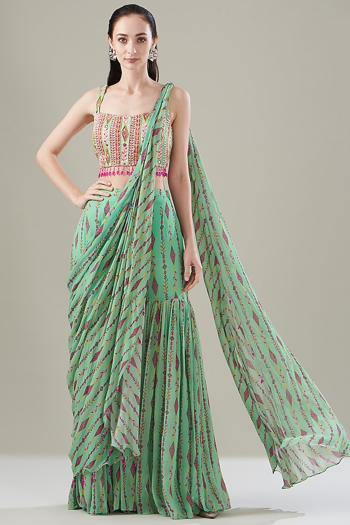 Mint Green Modal & Tulle Printed Gharara Pant Saree Set by DiyaRajvvir