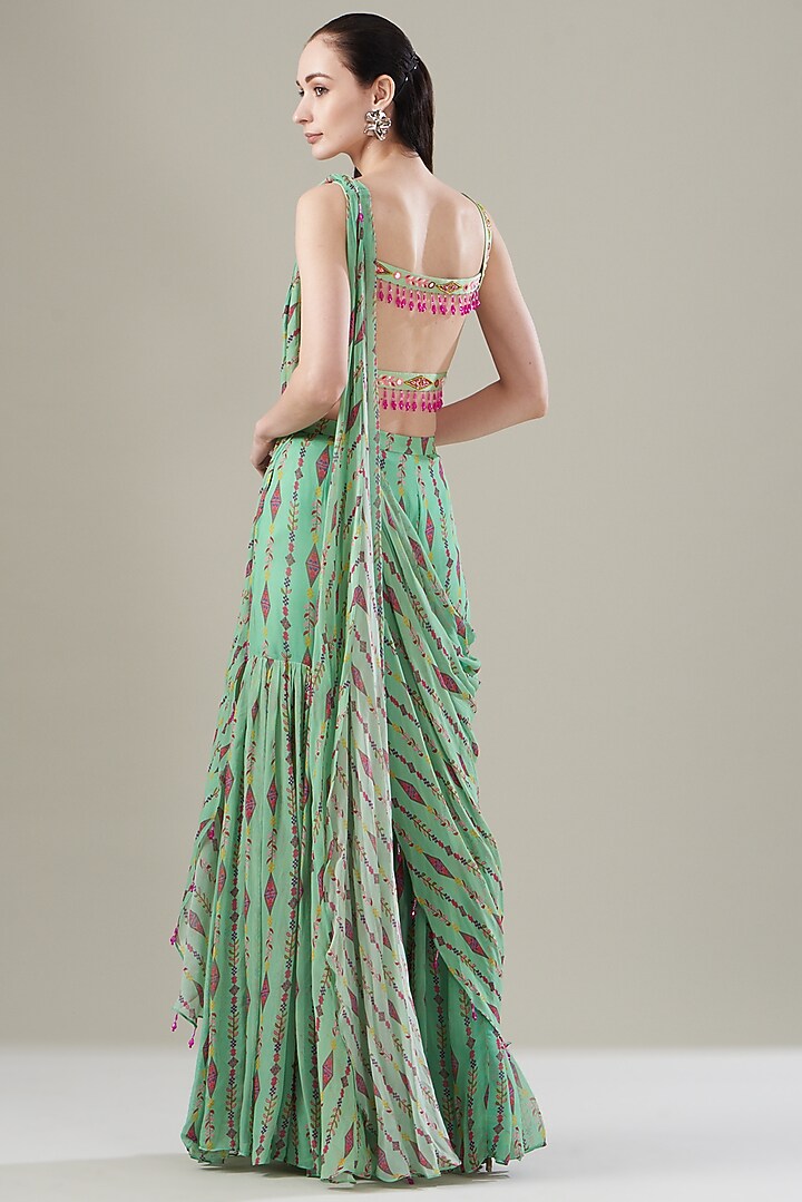 Mint Green Modal & Tulle Printed Gharara Pant Wedding Saree Set by DiyaRajvvir at Pernia's Pop Up Shop