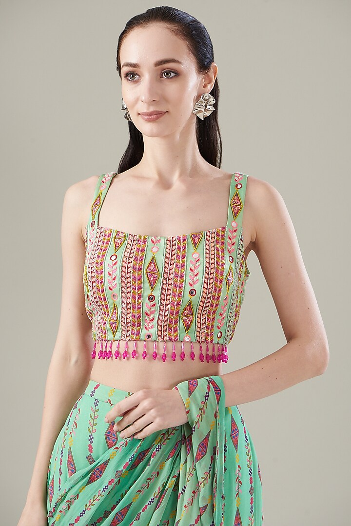 Mint Green Modal & Tulle Printed Gharara Pant Wedding Saree Set by DiyaRajvvir at Pernia's Pop Up Shop