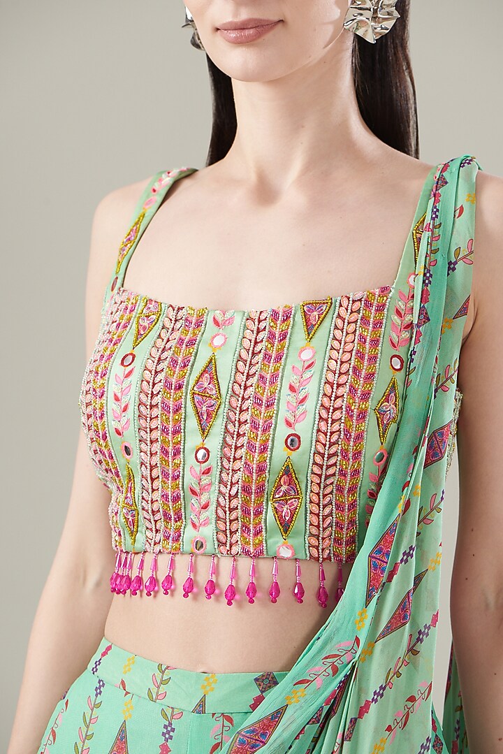 Mint Green Modal & Tulle Printed Gharara Pant Wedding Saree Set by DiyaRajvvir at Pernia's Pop Up Shop