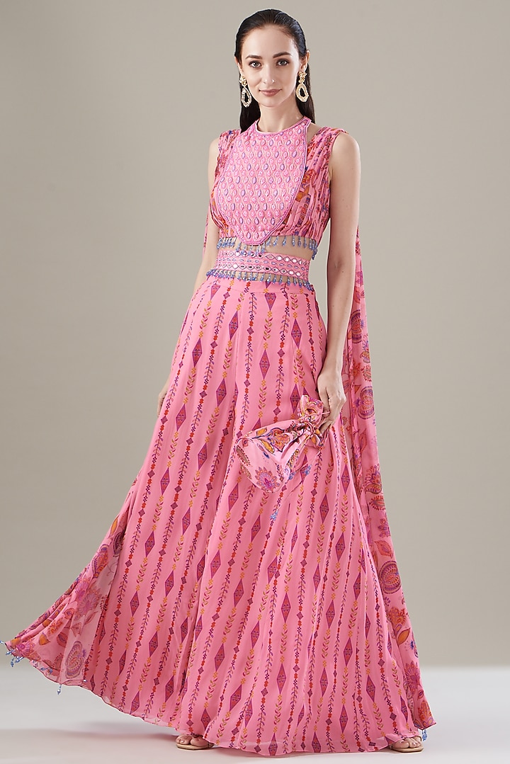Blush Pink Cotton Silk & Georgette Printed Sharara Pant Saree Set by DiyaRajvvir