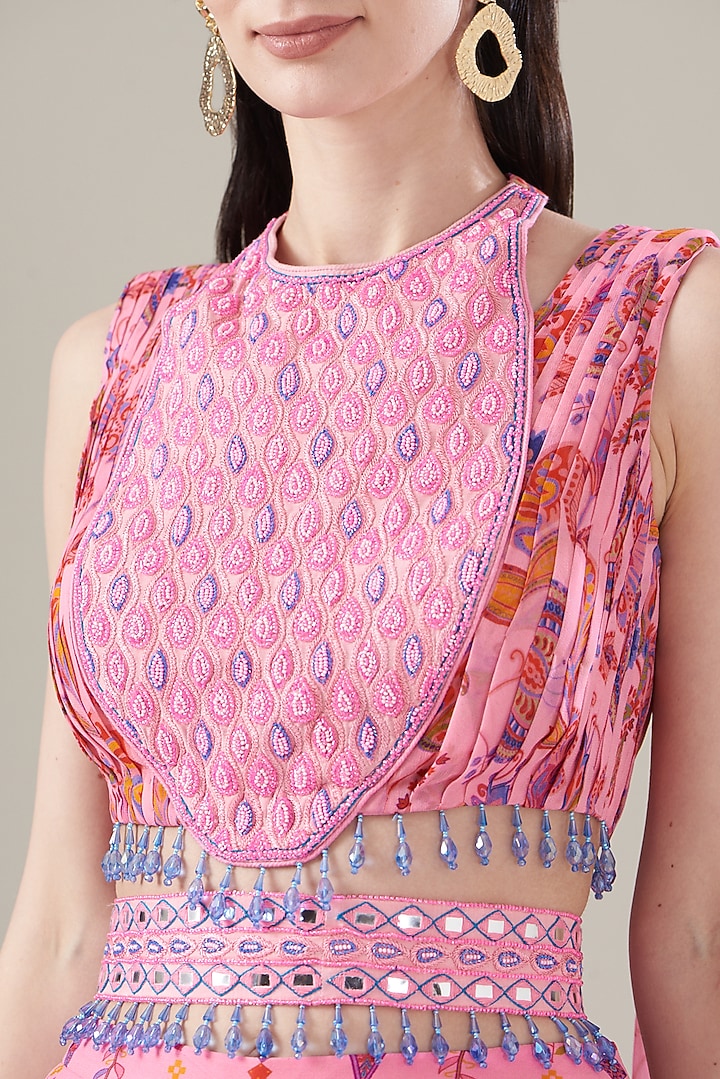 Blush Pink Cotton Silk & Georgette Printed Sharara Pant Wedding Saree Set by DiyaRajvvir at Pernia's Pop Up Shop