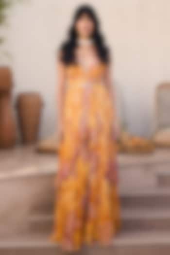 Yellow Georgette Lily Printed Layered Ruched Vacation Dress by DiyaRajvvir at Pernia's Pop Up Shop