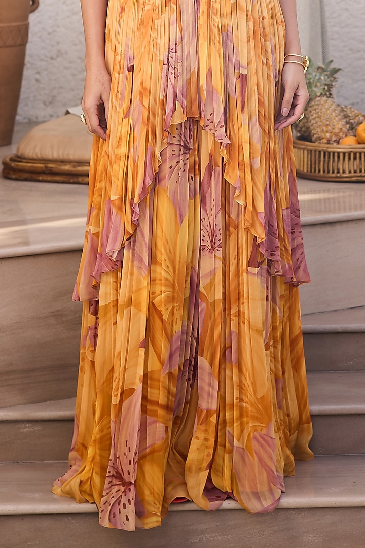 Yellow Georgette Lily Printed Layered Ruched Vacation Dress by DiyaRajvvir at Pernia's Pop Up Shop