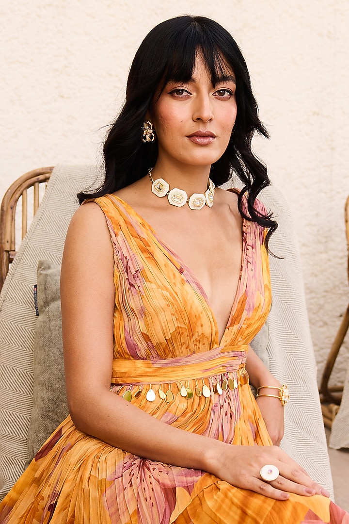 Yellow Georgette Lily Printed Layered Ruched Vacation Dress by DiyaRajvvir at Pernia's Pop Up Shop