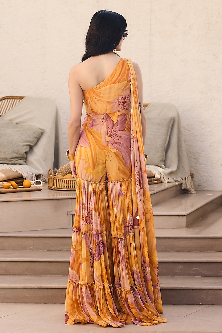 Yellow Georgette Lily Printed Jumpsuit by DiyaRajvvir at Pernia's Pop Up Shop
