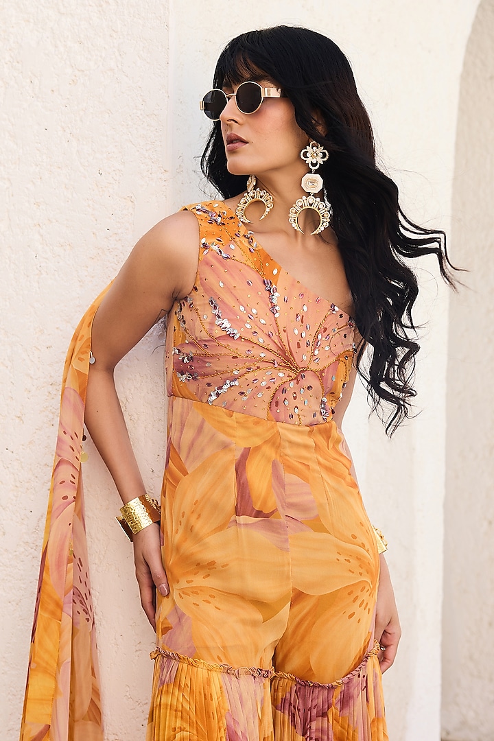 Yellow Georgette Lily Printed Jumpsuit by DiyaRajvvir at Pernia's Pop Up Shop