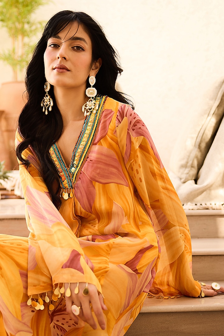 Yellow Georgette Lily Printed Kurta Set by DiyaRajvvir at Pernia's Pop Up Shop