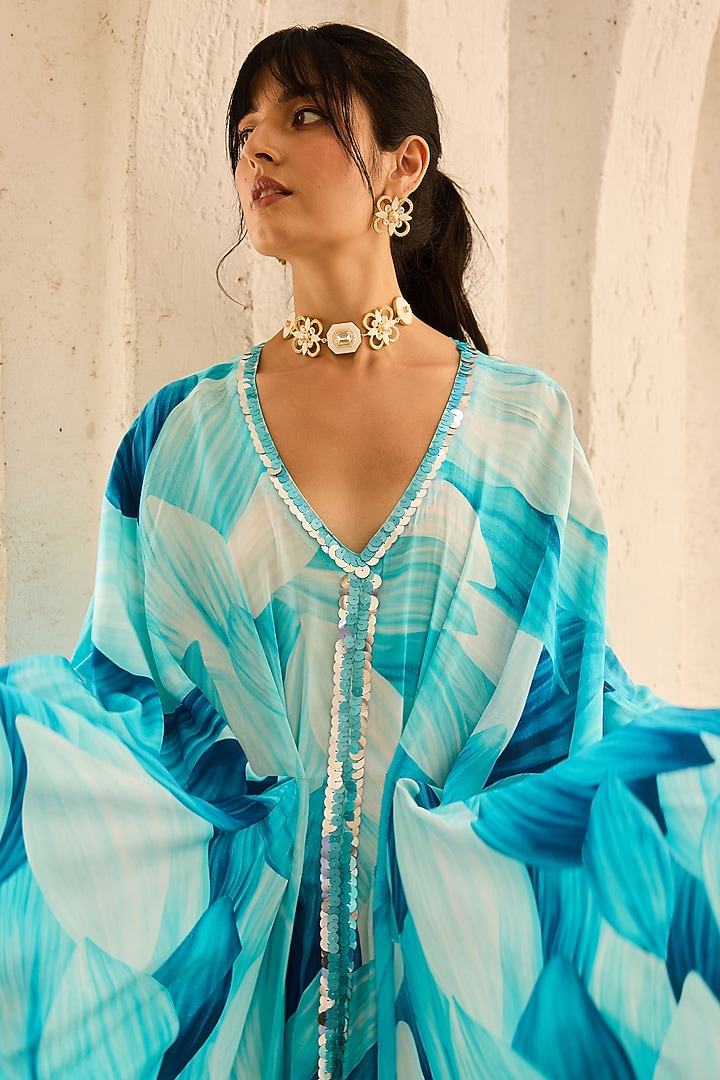 Blue Crepe Petal Printed Kaftan by DiyaRajvvir at Pernia's Pop Up Shop