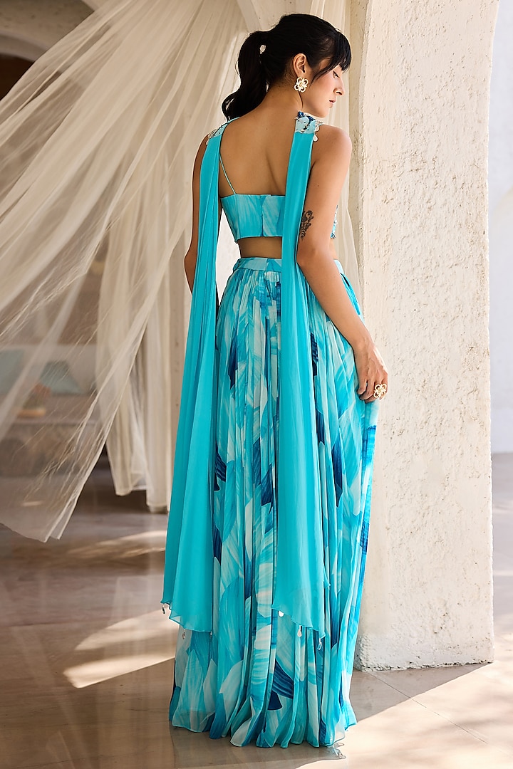 Blue Georgette Petal Printed Gathered Skirt Set by DiyaRajvvir at Pernia's Pop Up Shop