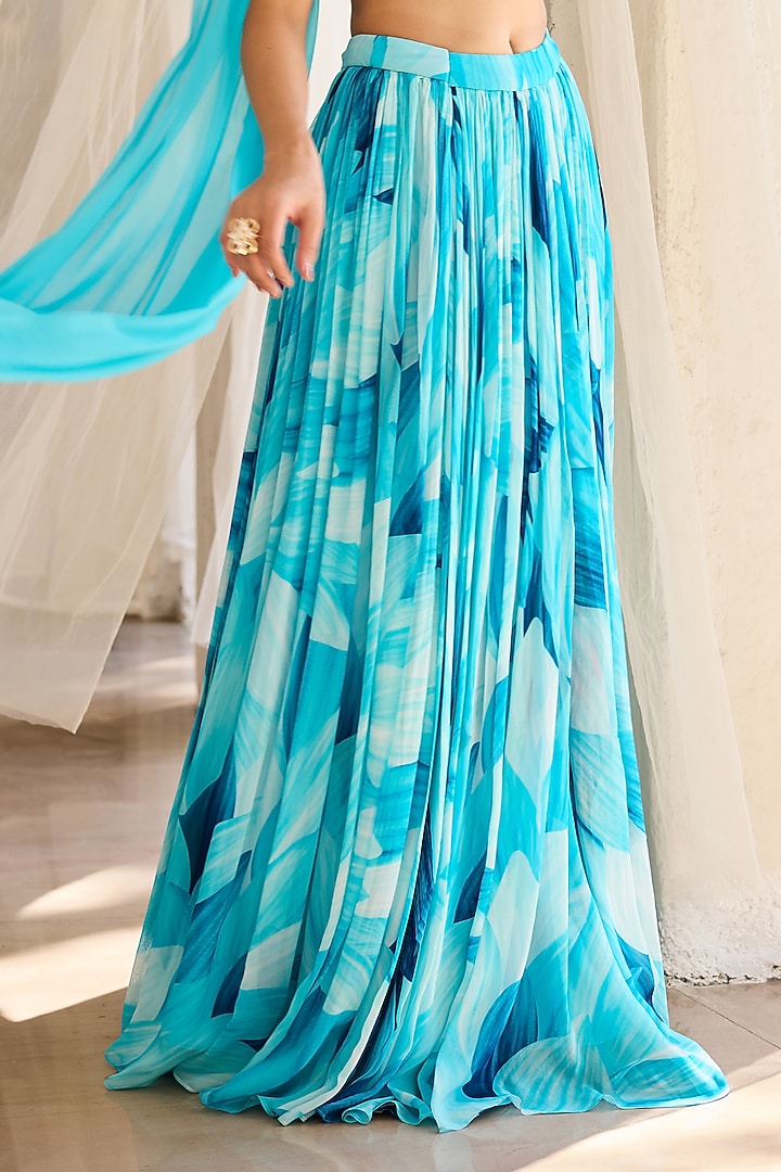Blue Georgette Petal Printed Gathered Skirt Set by DiyaRajvvir at Pernia's Pop Up Shop