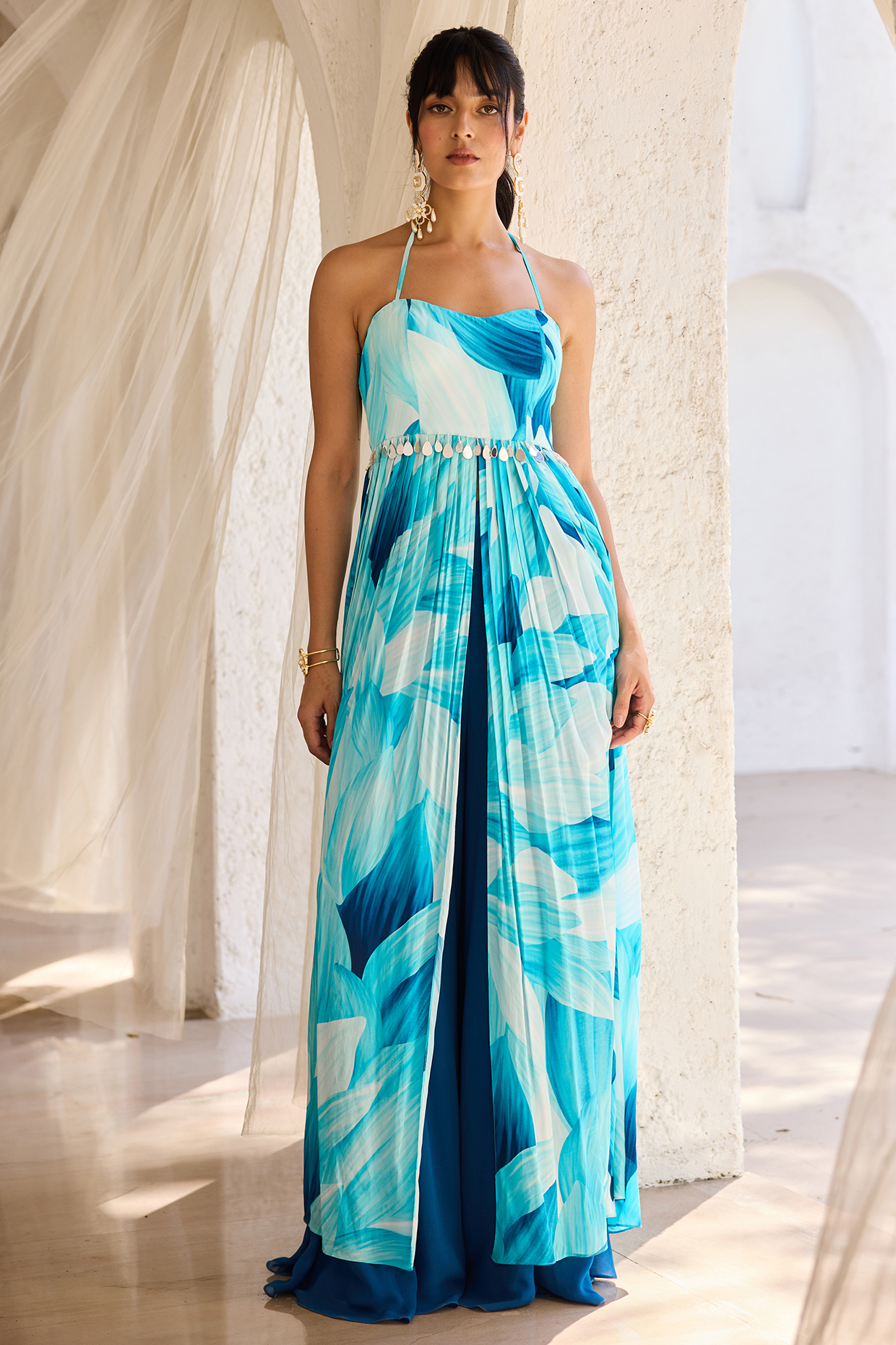 Blue Crepe Petal Printed Tunic Set by DiyaRajvvir at Pernia's Pop Up Shop