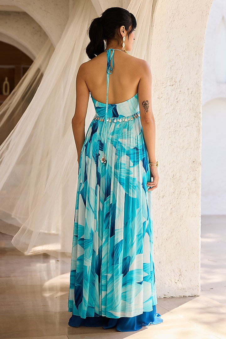 Blue Crepe Petal Printed Tunic Set by DiyaRajvvir at Pernia's Pop Up Shop