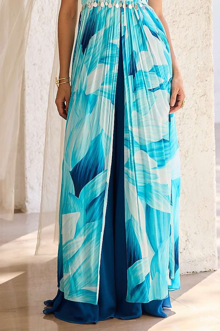 Blue Crepe Petal Printed Tunic Set by DiyaRajvvir at Pernia's Pop Up Shop