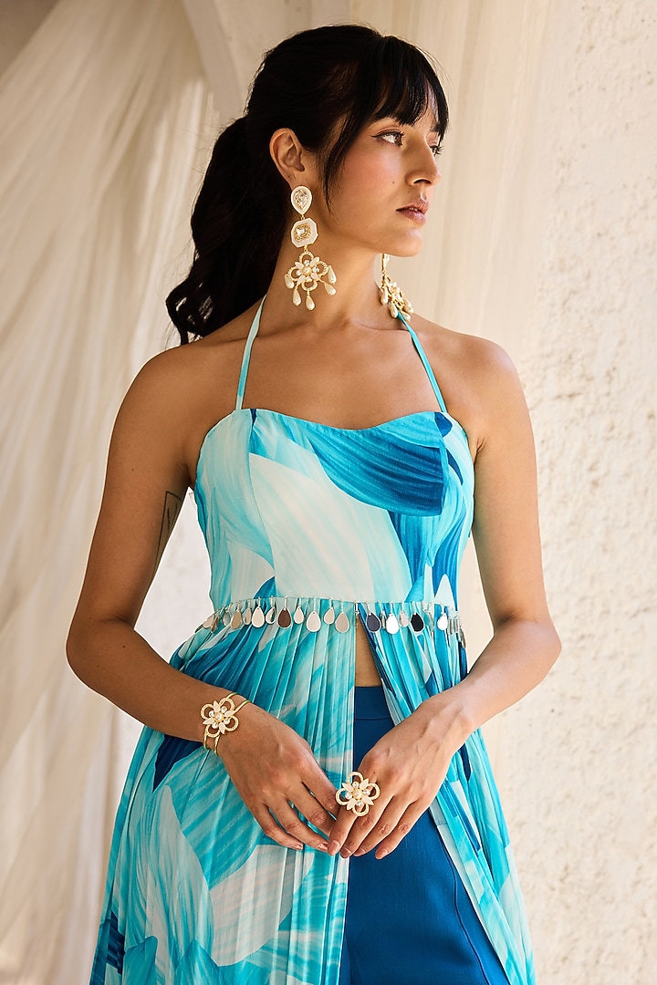 Blue Crepe Petal Printed Tunic Set by DiyaRajvvir at Pernia's Pop Up Shop