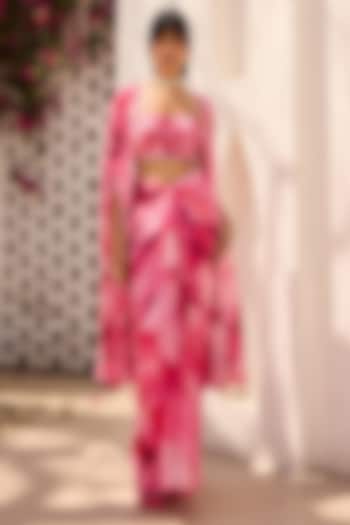 Blush Pink Georgette Petal Printed Cape Set by DiyaRajvvir at Pernia's Pop Up Shop