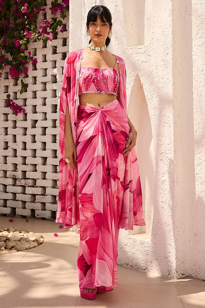 Blush Pink Georgette Petal Printed Cape Set by DiyaRajvvir at Pernia's Pop Up Shop