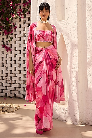 Blush Pink Georgette Petal Printed Cape Set by DiyaRajvvir