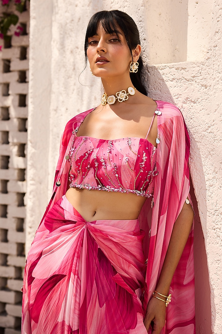 Blush Pink Georgette Petal Printed Cape Set by DiyaRajvvir at Pernia's Pop Up Shop