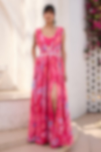 Blush Pink Georgette Petal Printed Maxi Vacation Dress With Bustier by DiyaRajvvir at Pernia's Pop Up Shop